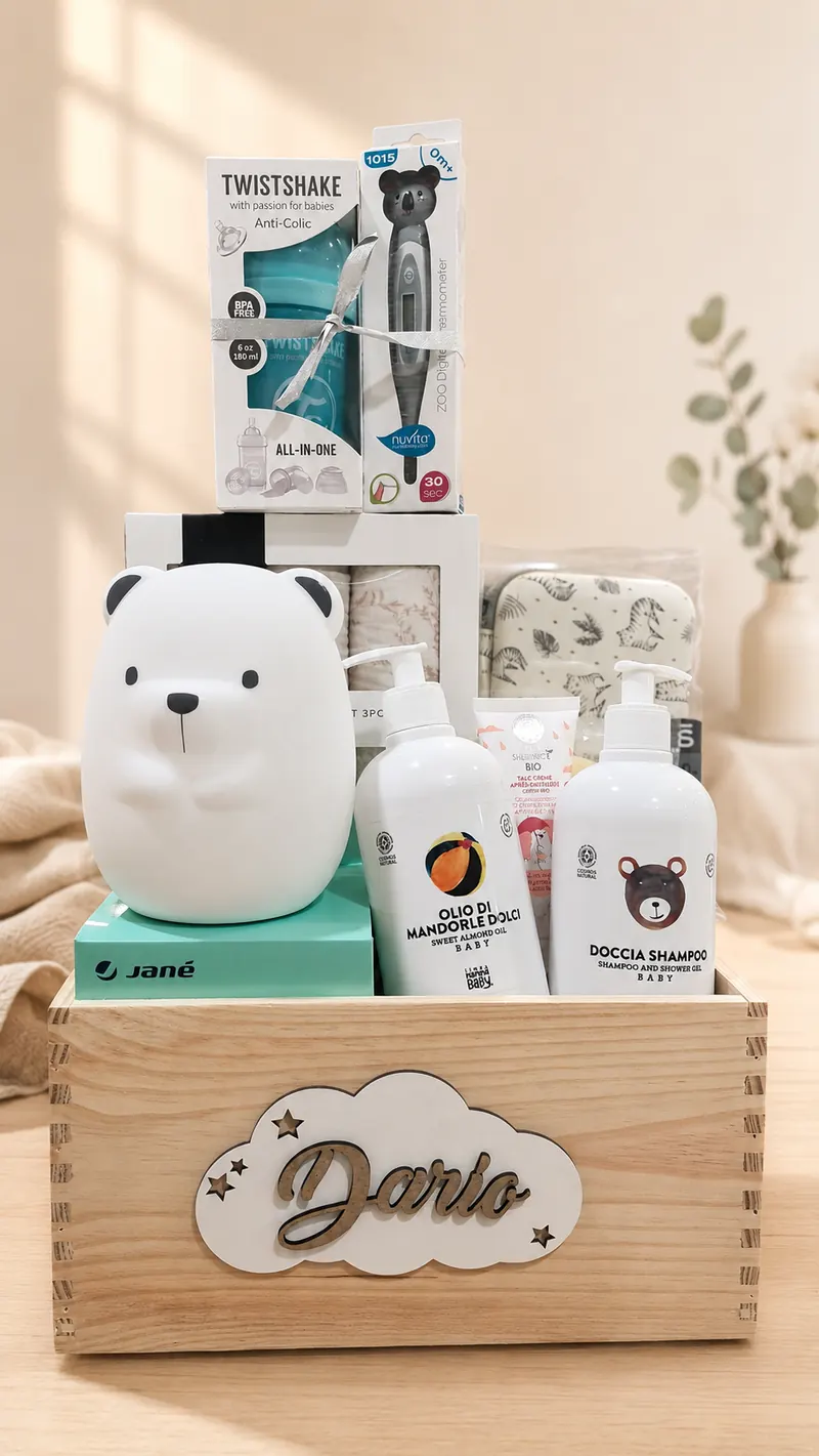 Canastilla personalizada para bebé en caja de madera con su nombre